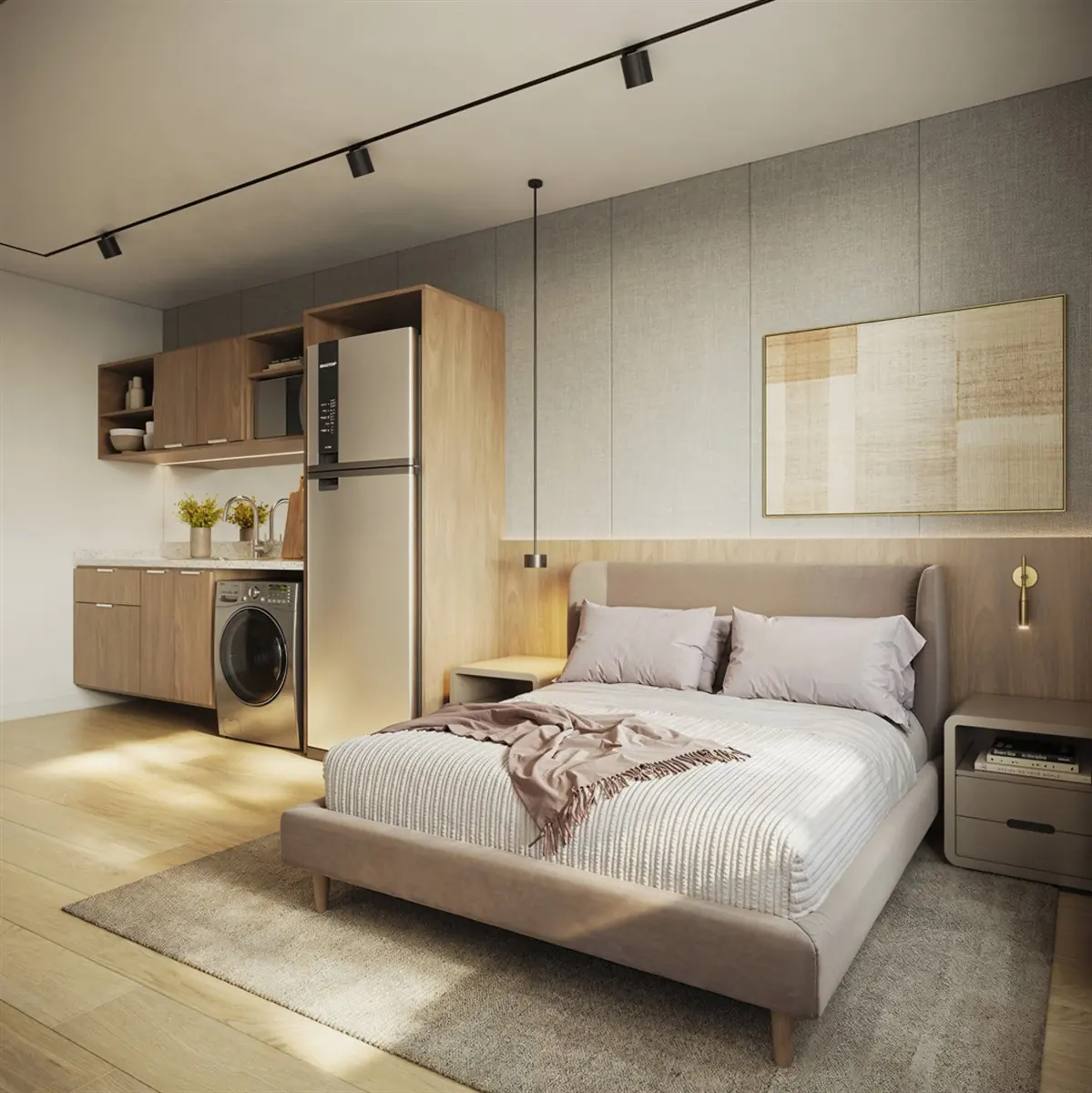 Dormitorio decorado de Be in Rio, con cama de matrimonio, zona de lavado empotrada y carpintería de madera