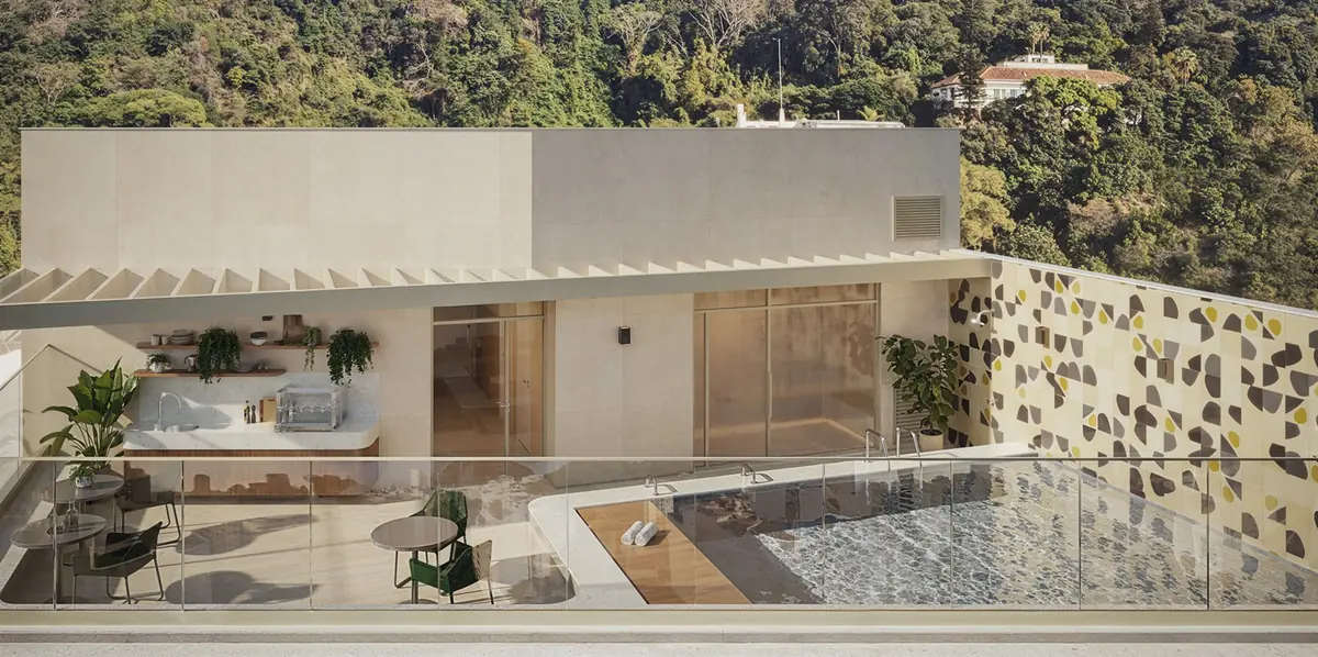 Terraza de Be in Rio Pompeu Loureiro 110 con piscina, deck y el verde del cerro al fondo