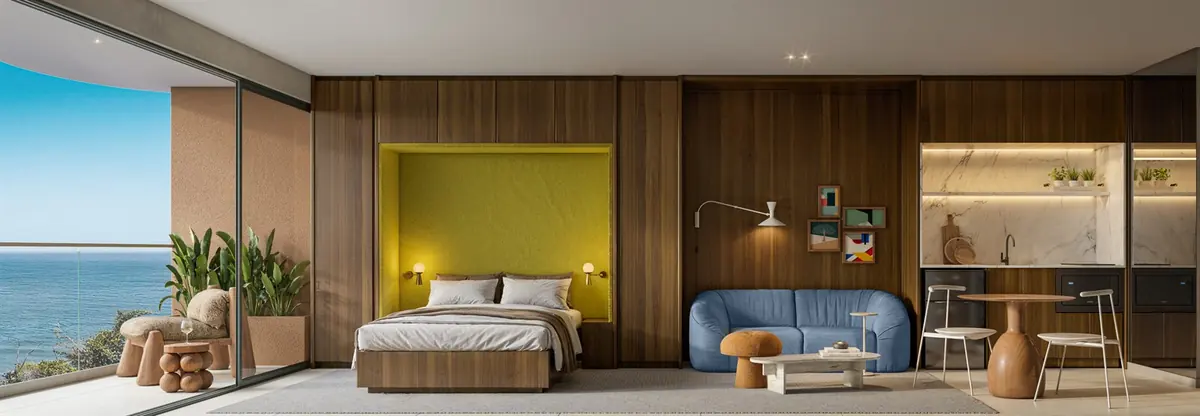 Studio decorado do Costa Niemeyer, com cama, mesa de trabalho e esquadria de piso a teto voltada para o mar