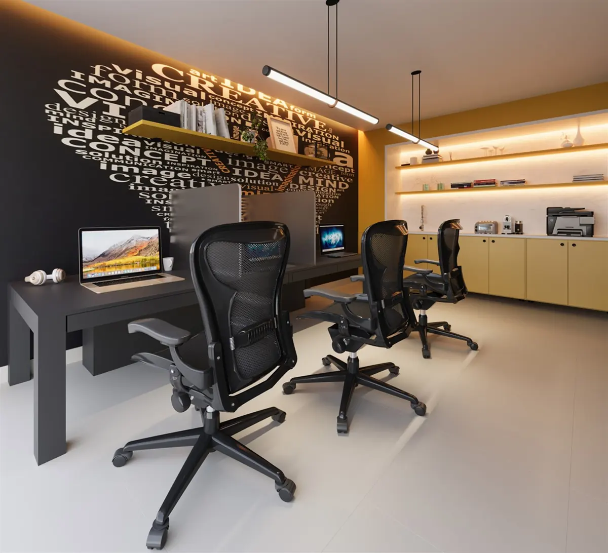 Sala de coworking do Estação Botafogo, com mesa de reunião, cadeiras de escritório e telão