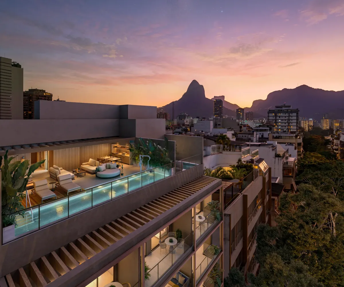 Vista do rooftop na direção do Morro Dois Irmãos