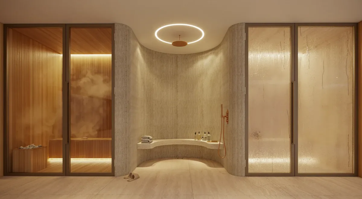 Saunas seca e úmida e área de ducha do Espaço Wellness