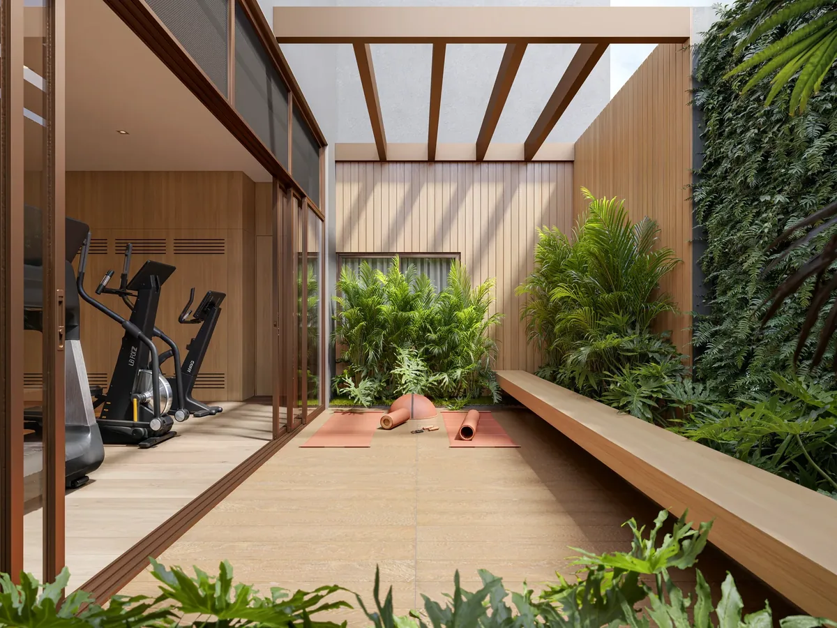 Espaço externo para yoga e meditação, junto ao jardim do subsolo