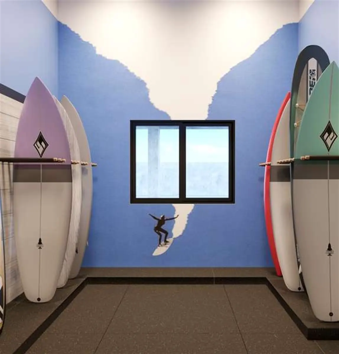 Pranchário do Vista Joá, com pranchas de surfe apoiadas em suportes de parede