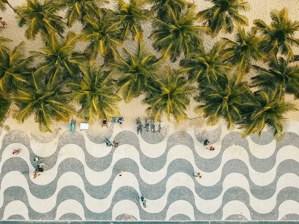 Aerial view of the Copacabana promenade, its wave mosaic and palm trees